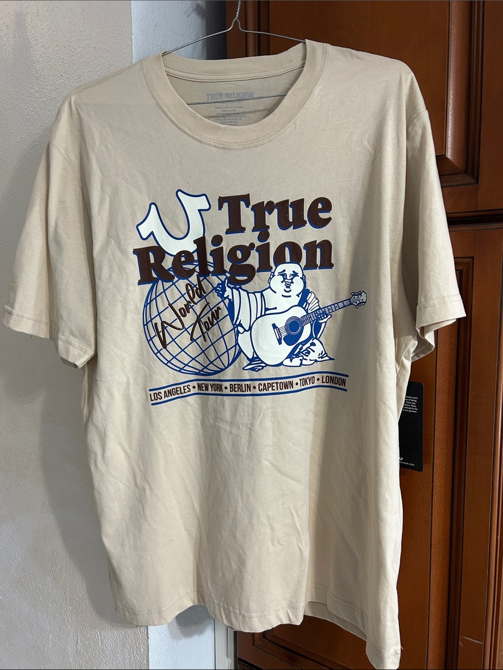 True Religion Cream Short-Sleeve Graphic Tee with Navy & Brown Logo